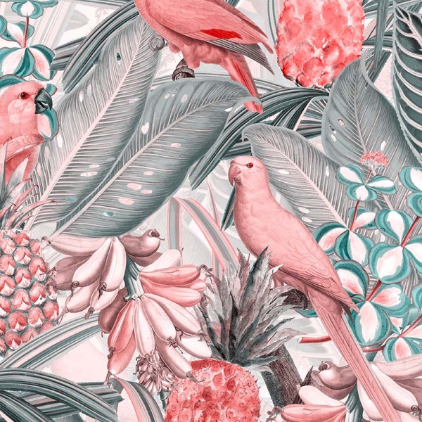 Colorfulbirdsinjunglewithbananas pink grey tilphainealston square