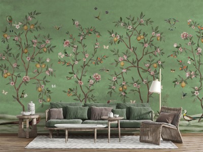 Lemon Tree Chinoiserie in Green - LayerPlay Wallpaper