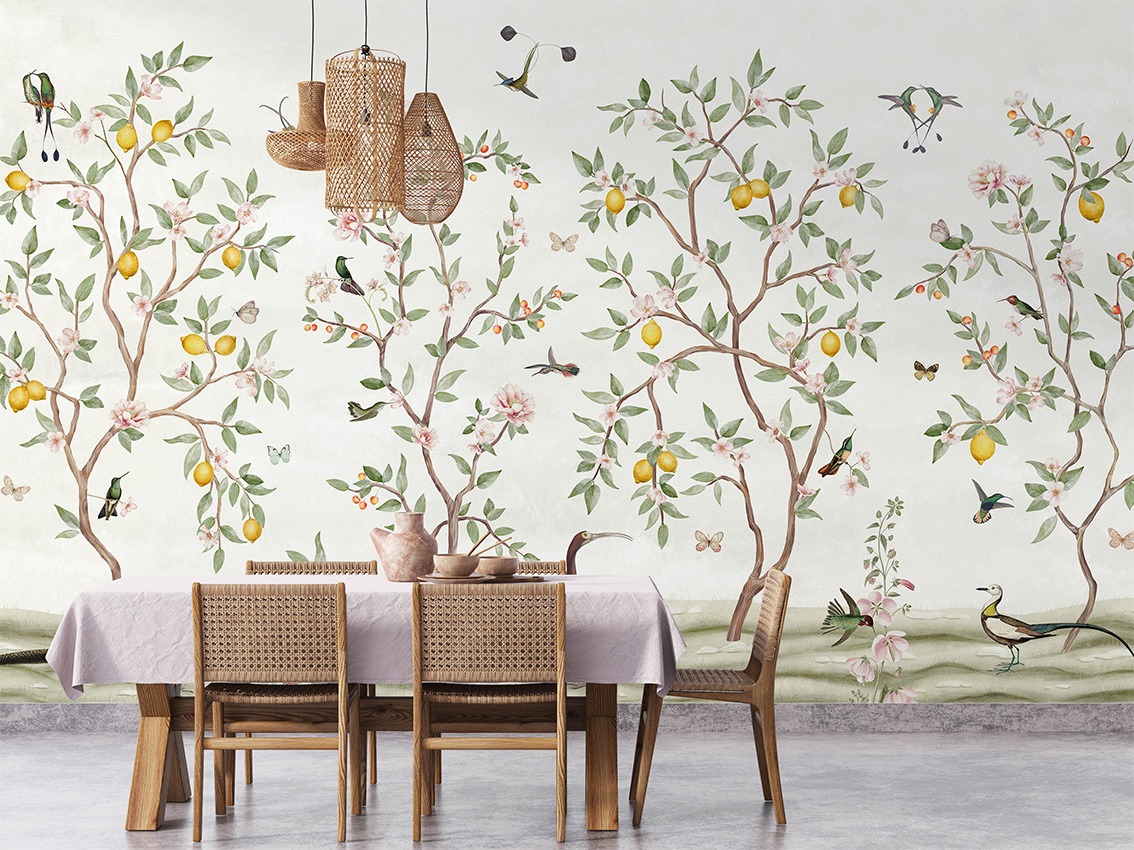 Lemon Tree Chinoiserie in White - LayerPlay Wallpaper