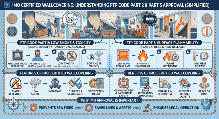 Infographic explaining IMO certified wallcovering compliance, detailing FTP Code Part 2 for smoke and toxicity, and Part 5 for surface flammability.