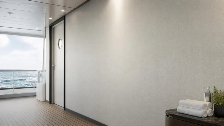 Elegant anti-microbial marine wallcovering installed in a luxury cruise ship spa corridor, featuring moisture-resistant textured vinyl and ocean views