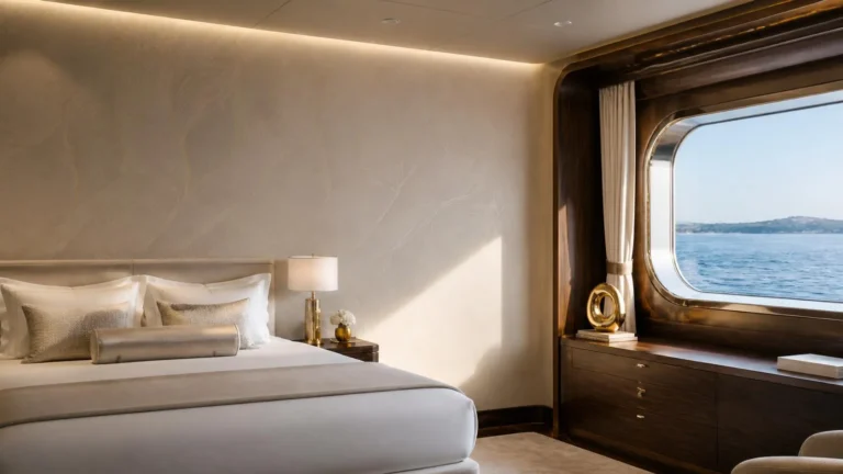 Luxury superyacht master cabin featuring bespoke, IMO-certified interior wall finishes with a custom digital pattern, overlooking the ocean.