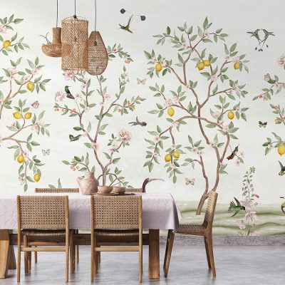 Lemon tree chinoiserie in white - layerplay wallpaper
