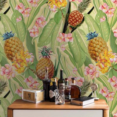 Parrotswithorchidsandhibiscusinjungle-tropical leaves pineapples and plumeria flowers – soft-tilphainealston-roomset